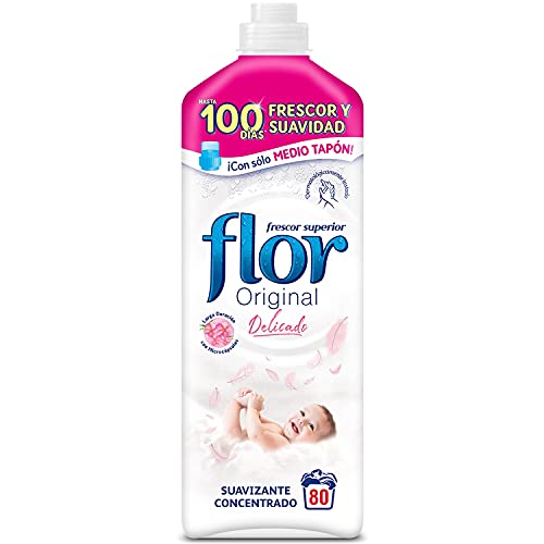 Flor Original Delicado, Suavizante para la Ropa concentrado, Apto para pieles sensibles - Pack De 8, Hasta 640 Dosis