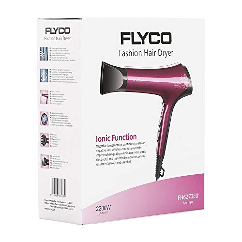 FLYCO Secador de Cabello FH6273EU, 2200W Secador profesional iónico de con 2 velocidades y 3 ajustes de temperatura, protección contra el sobrecalentamiento, Negro