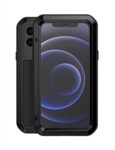 FONREST Completo Funda para iPhone 12 Mini 5,4-Pulgada(2020), Love Mei Antichoque Al Aire Libre Híbrido Aluminio Metal Antipolvo Carcasas con Vidrio Templado, Admite Carga Inalámbrica(Negro)