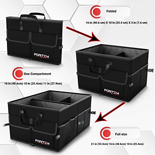 FORTEM Organizador de Maletero para Coche, Caja de Almacenamiento Plegable con Compartimentos, Base Antideslizante, Correas, Bolsillos (Estándar, Negro)