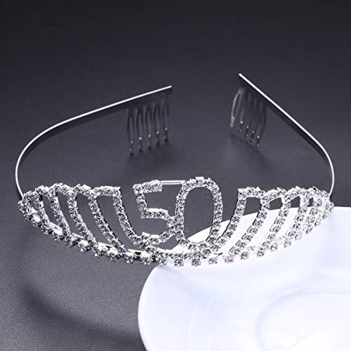 Frcolor Corona Cumpleaños 50 Años Diadema Cumpleaños Mujer Tiara Cristal con Peines (Plata)