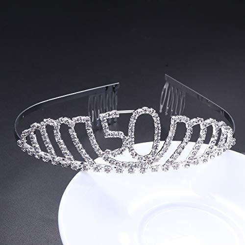 Frcolor Corona Cumpleaños 50 Años Diadema Cumpleaños Mujer Tiara Cristal con Peines (Plata)