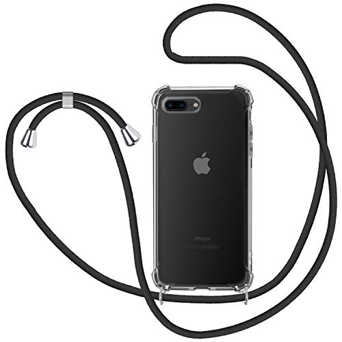 Funda con Cuerda para iPhone 7 Plus / 8 Plus, Carcasa Transparente TPU Suave Silicona Case con Correa Colgante Ajustable Collar Correa de Cuello Cadena Cordón para iPhone 7 Plus / 8 Plus - Negro