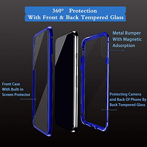 Funda para Samsung Galaxy A21s Carcasa Adsorción Magnética, E-Lush Funda 360 Grados Protección Transparente Caso Metal Flip Cover Frontal y Posterior Vidrio Templado Anti Choque Case Cover, Azul