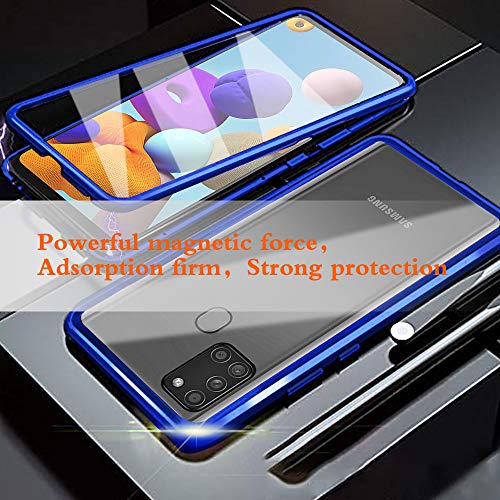 Funda para Samsung Galaxy A21s Carcasa Adsorción Magnética, E-Lush Funda 360 Grados Protección Transparente Caso Metal Flip Cover Frontal y Posterior Vidrio Templado Anti Choque Case Cover, Azul