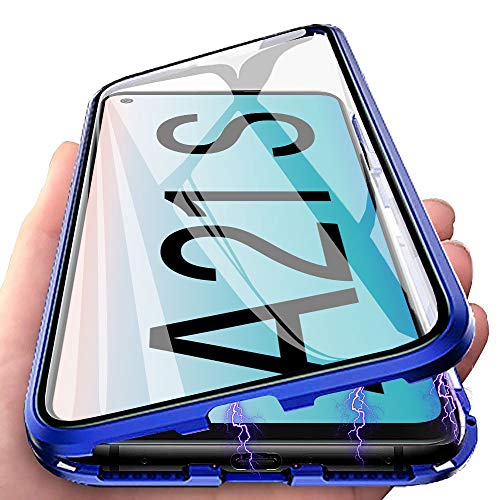 Funda para Samsung Galaxy A21s Carcasa Adsorción Magnética, E-Lush Funda 360 Grados Protección Transparente Caso Metal Flip Cover Frontal y Posterior Vidrio Templado Anti Choque Case Cover, Azul