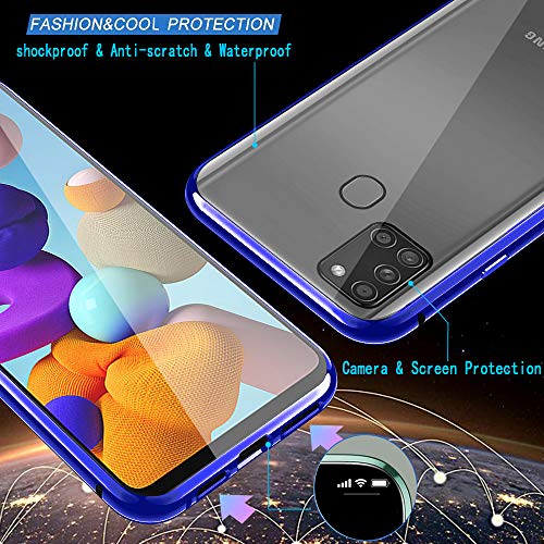 Funda para Samsung Galaxy A21s Carcasa Adsorción Magnética, E-Lush Funda 360 Grados Protección Transparente Caso Metal Flip Cover Frontal y Posterior Vidrio Templado Anti Choque Case Cover, Azul