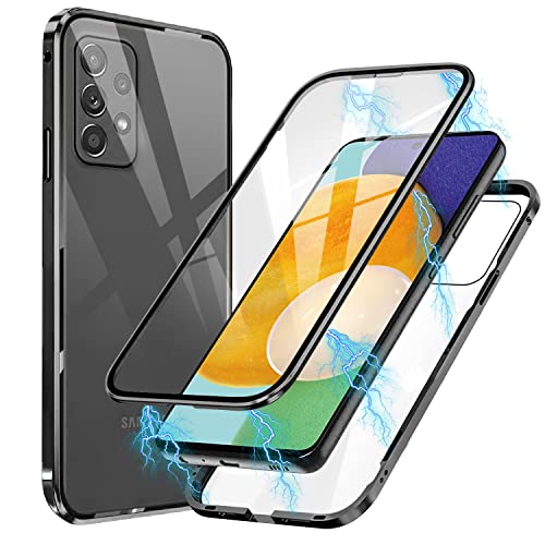 Funda para Samsung Galaxy A52 5G Carcasa Adsorción Magnética, E-Lush Funda 360 Grados Protección Transparente Caso Metal Flip Cover Frontal y Posterior Vidrio Templado Anti Choque Case Cover, Negro