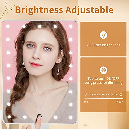 FUNTOUCH Espejo Maquillaje con 21 Luz Led, 1X / 10X Aumento Espejo de Maquillaje, Fuente de Alimentación Dual, 180 Rotación, Sensor Táctil Inteligente, Brillo Adjustable Espejo Tocador (Blanco)