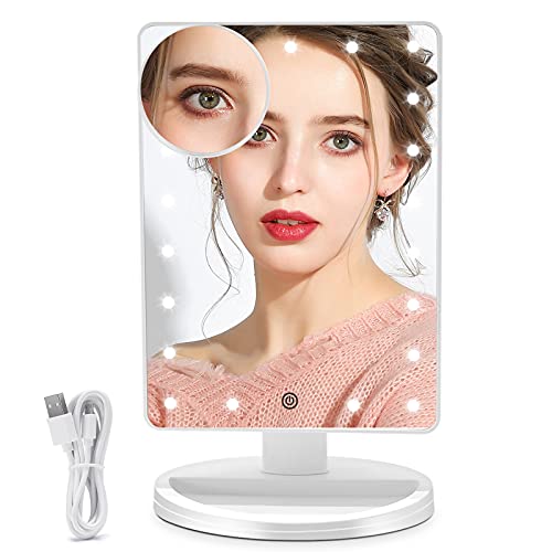 FUNTOUCH Espejo Maquillaje con 21 Luz Led, 1X / 10X Aumento Espejo de Maquillaje, Fuente de Alimentación Dual, 180 Rotación, Sensor Táctil Inteligente, Brillo Adjustable Espejo Tocador (Blanco)