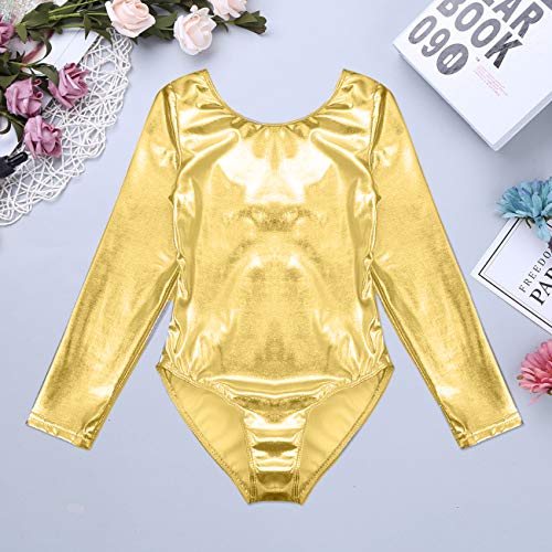 furein Maillot de Danza Ballet Gimnasia Leotardo Body Clásico Brillante Elástico para Niñas de Manga Larga Cuello Redondo (2 años, Oro)