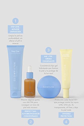 G Glowfilter Tag Your Skin - Best Sellers (Am+Pm + Perfect Tan + Invisible Protection + Step One) | Crema Oxigenante de Día y Noche Protector Solar Facial Autobronceador Concentrado y Limpiador Facial