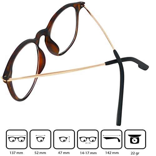 Gafas de Lectura con Grandes Lentes Redondas - Estuche GRATIS, Montura de plástico (Tortoise Marrón) con patillas de Acero Inoxidable, Gafas Mujer y Hombre +1.0 dioptrías