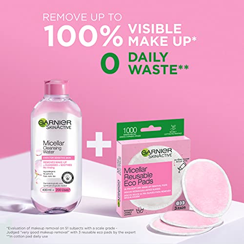 GARNIER Skin Active Discos Desmaquillantes Reutilizables de Microfibra, Lavables Hasta 1000 Usos, Eliminan Impurezas y Hasta El 100% del Maquillaje, 3 Pads