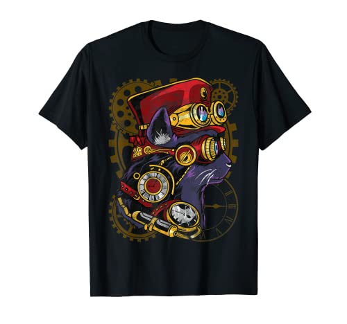 Gato Steampunk camisa retro reloj engranajes gafas sombrero regalo Camiseta