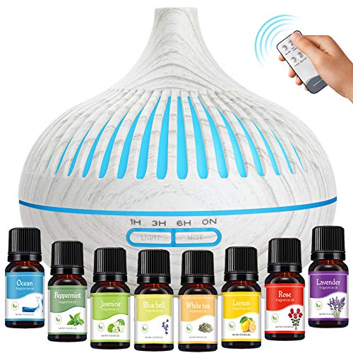 GeeRic Difusor de Aceites Esenciales 500ML, 8 * 10ML Aceites Esenciales + Humidificador Ultrasónico Purificador de Aire Difusor de Aroma Aceites Perfumados Nebulizador LED de 7 Colores para Yoga