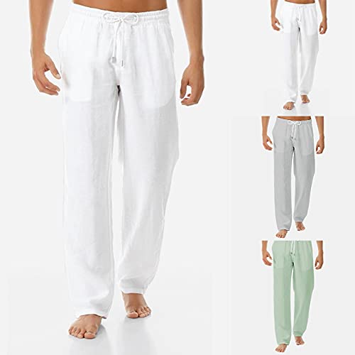 GenericBrands Taurner Pantalón de Lino Puro Suelto Pantalones Color Sólido con Cordones Pantalones De Playa Casuales para Hombre