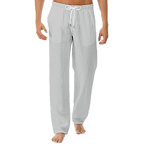 GenericBrands Taurner Pantalón de Lino Puro Suelto Pantalones Color Sólido con Cordones Pantalones De Playa Casuales para Hombre