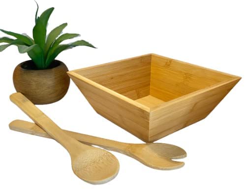 Genérico Ensaladera de Madera Bambú con Cubiertos de Regalo!! Frutero de Madera o Bol para Palomitas o Aperitivos Cuenco Decorativo de Diseño Ideal para Decorar su Hogar Capacidad de 1200ML.