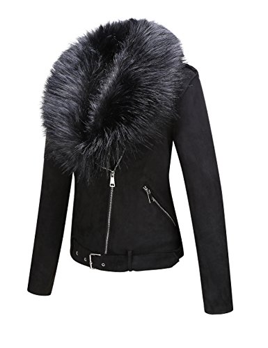 Giolshon Chaqueta Corta de Cuero de Gamuza Sintética para Mujer Abrigo de Motociclista con Minturón de Invierno y Cuello de piel Desmontable 8830 Negro M