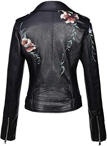 Giolshon Chaqueta de Cuero Sintético para Mujer Abrigo Corto de Motociclista de Otoño Elegantes, Floral Informal de Moto 1702020 Negro M