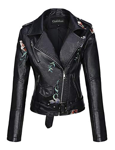 Giolshon Chaqueta de Cuero Sintético para Mujer Abrigo Corto de Motociclista de Otoño Elegantes, Floral Informal de Moto 1702020 Negro M