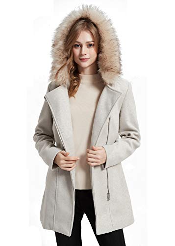 Giolshon Chaqueta de Lana Sintética para Mujer con Cinturón, Gabardina Larga con Capucha y Cuello de piel Desmontable 07CL Beige XXL