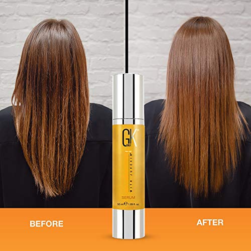 GK HAIR Global Keratin Nourishing Hair Repair Smoothing Serum (50ml/1.69 Fl Oz) Fuerza y ​​brillo Aceite de argán hidratante 100% puro orgánico para el cabello dañado y con encrespamiento (Pack of 2)