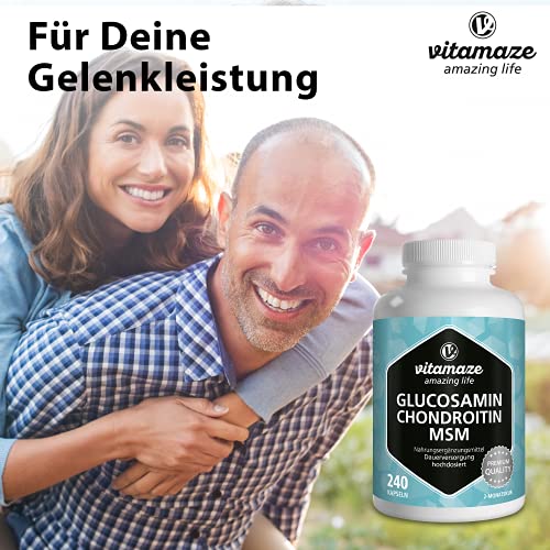 Glucosamina, Condroitina, MSM + Vitamina C Complejo VITAL alta Dosis, 240 Cápsulas durante 2 Meses, Suplemento Alimenticio Natural sin Aditivos Innecesarios