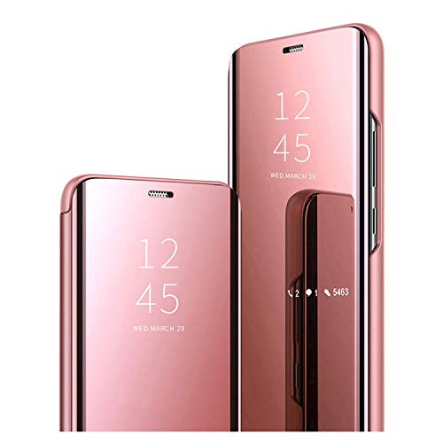 GOGME Funda para Realme 8 Pro/Realme 8 4G (6.4"), Mirror Funda Inteligente, PU/PC Flip Cover Case Espejo Enchapado Window View Protectora Carcasa con Soporte Plegable. Oro Rosa