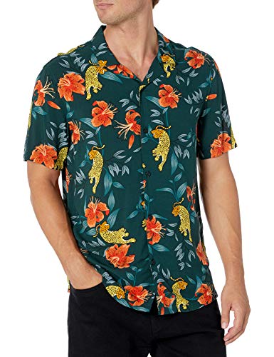 Goodthreads Slim-Fit Short-Sleeve Camp Collar Hawaiian Shirt Camisa, Leopardo/Tigre/Lirio, XS