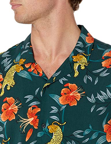 Goodthreads Slim-Fit Short-Sleeve Camp Collar Hawaiian Shirt Camisa, Leopardo/Tigre/Lirio, XS