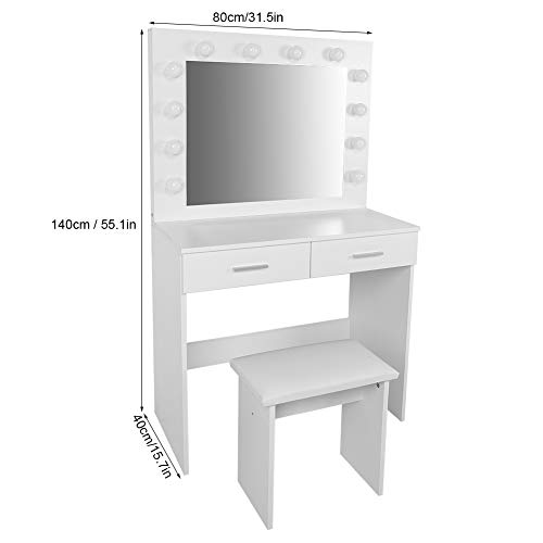 GOTOTOP - Mesa de maquillaje para el hogar con taburete, mesa de maquillaje de madera de lujo y conjunto de taburete acolchado, incluye 12 bombillas cosméticas y un espejo rectangular