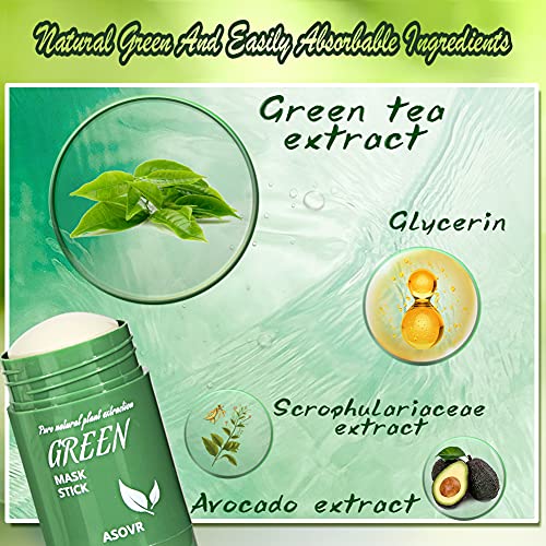 Green Mask Stick Anti-acné, 100% Extracto de té Verde y Varios Extractos de Plantas, Blanquea y Elimina Puntos Negros Green Tea Cleansing Mask, Absorbe Aceite de Poros y Suciedad Mascarillas Faciales