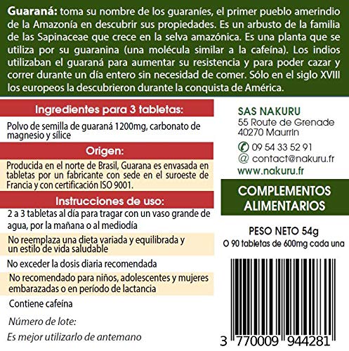 Guaraná/NAKURU Power/Polvo Orgánico Secado y Comprimido en Frío/Analizado y Acondicionado en Francia /"El Ojo de la Selva!" (90 Tabletas de 600mg / Peso Neto: 54g / Dorado)