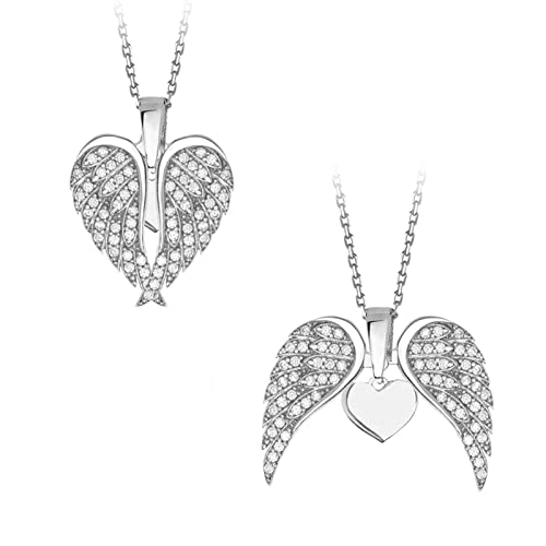 Guardian Angel Wings Necklaces, Crystal Love Heart/Angle Wings Pendant Charm Necklace, Amulet Protection Necklace Jewelry for Men and Women,Plata