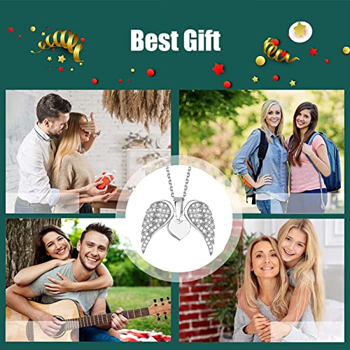 Guardian Angel Wings Necklaces, Crystal Love Heart/Angle Wings Pendant Charm Necklace, Amulet Protection Necklace Jewelry for Men and Women,Plata