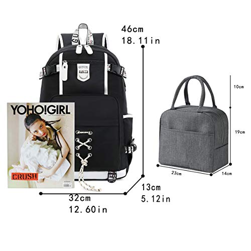 GUIVITU Mochilas Escolares Niñas Bolsa Escolar Juveniles Kawaii niño Mochila para el Colegio Bolsa Mochila Mujer Casual Oxford Impermeable Bolsa Negra Backpackcon Bolsa de Almuerzo