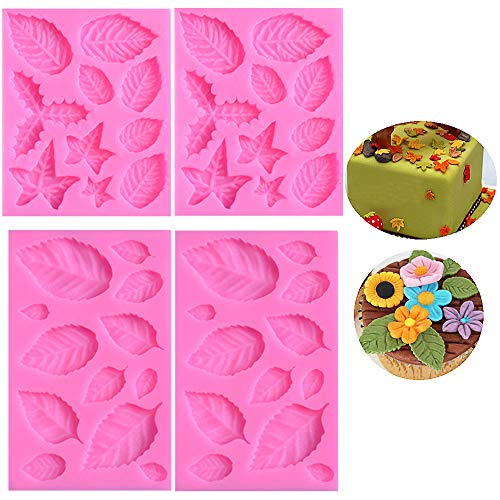 Gurxi Hojas 3D Confitería Fondant Molde de Silicona Molde de Galletas Hojas 3D Confitería Fondant Molde Chocolate Forma Diy para Decorar Tortas Pan Jalea Acondicionamiento Alimentos Chocolate 4 Piezas