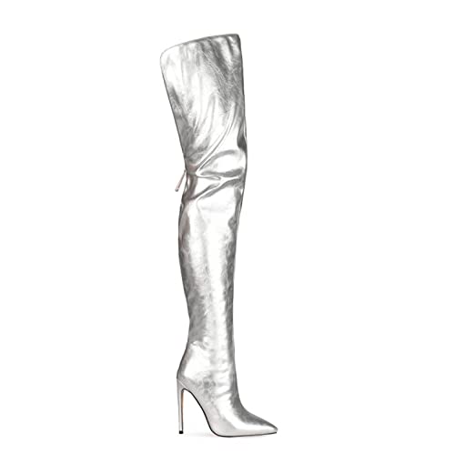 Guugoon Botas para Mujer sobre la Rodilla 10cm Microfibra Brillante Espalda con Cremallera Puntiaguda apuntada tacón de tacón Muslo Alto Botas Altas para Botas de Caballero de la Fiesta,Plata,37EU