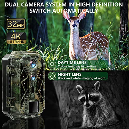 HAPIMP Cámara de Caza de Doble Lente 4K 32MP Camara Fototrampeo con Visión Nocturna 25m Camara Caza Led Invisible con Velocidad de Disparo de 0,1 Segundos Fototrampeo con Tarjeta SD de 32GB