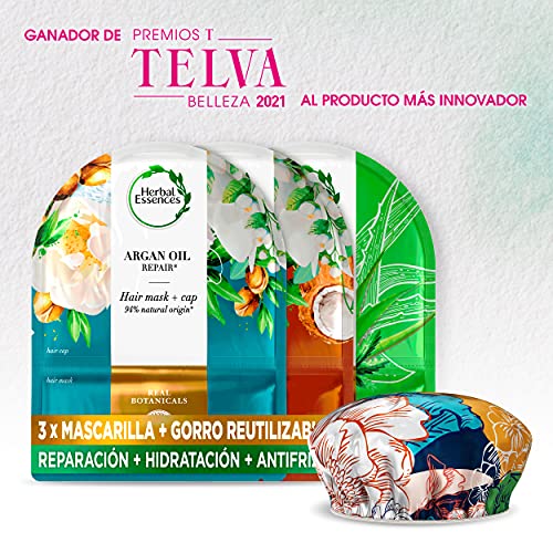 Herbal Essences Mascarilla Pelo Pack + Gorro De Ducha Reutilizable, Mascarilla Paraiso de Hidratación, Mascarilla Doma el Encrespamiento