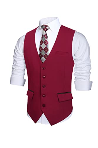 HISDERN Chaleco Vino Rojo Hombre Vestir Elegante Chalecos de Boda Formal Casual chaleco Fiesta Negocio Clásico con Bolsillos Moda S