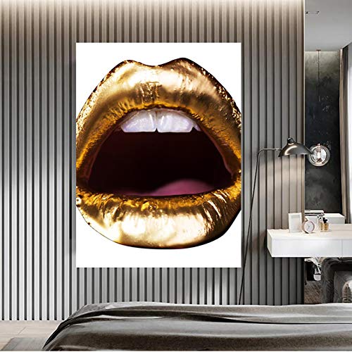 HJKLP Posters para Pared Pinturas en Lienzo de Labios Dorados Moda Mujer Arte de Pared Maquillaje Chicas Poster e Impresiones Cuadros de Pared para Decoracion del hogar 50x70cm x1 Sin Marco