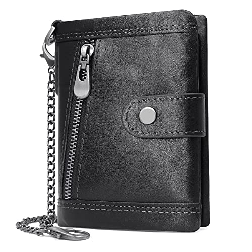 HNOOM Cartera Hombre Billetera Hombre Piel RIFD Bloqueo Cartera para Hombre Cremallera con 17 Ranuras para Tarjetas Pequeño Monedero de Hombre Cartera de Bolsillo para Hombre con Cadena (Negro)