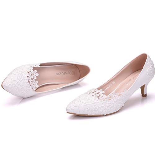 Holibanna Zapatos de novia con diseño de pompas y pompas de pelo de encaje, 5 cm de altura, blanco, 37.5 EU