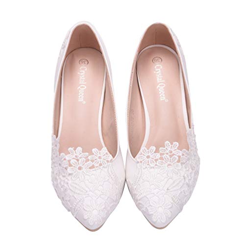 Holibanna Zapatos de novia con diseño de pompas y pompas de pelo de encaje, 5 cm de altura, blanco, 37.5 EU