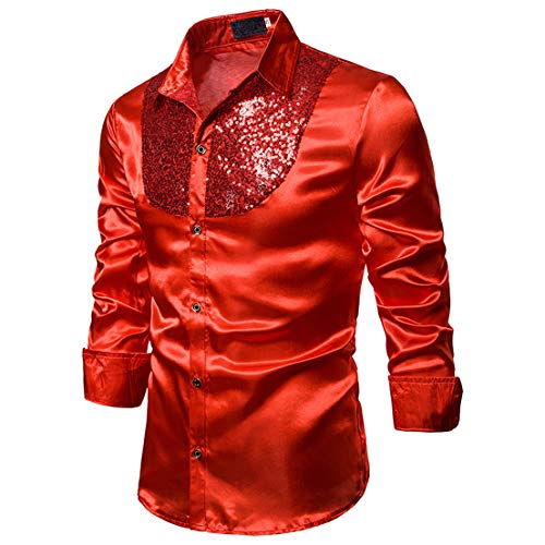 Hombres Camisa de Manga Larga de Solapa de Lujo, Lentejuelas de Baile de Graduación Informal Fiesta de Discoteca Satén de Seda Cena Traje de Anfitrión de Esmoquin (Rojo, M)