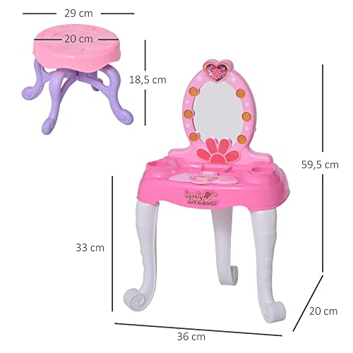 HOMCOM Tocador de Juguete para +3 Años Mesa de Tocador con Taburete Espejo Incluye 16 Accesorios Función de Música Luces 36x20x59,5 cm Rosa