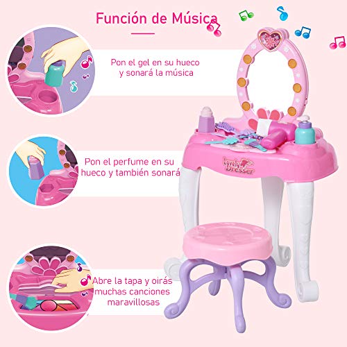 HOMCOM Tocador de Juguete para +3 Años Mesa de Tocador con Taburete Espejo Incluye 16 Accesorios Función de Música Luces 36x20x59,5 cm Rosa